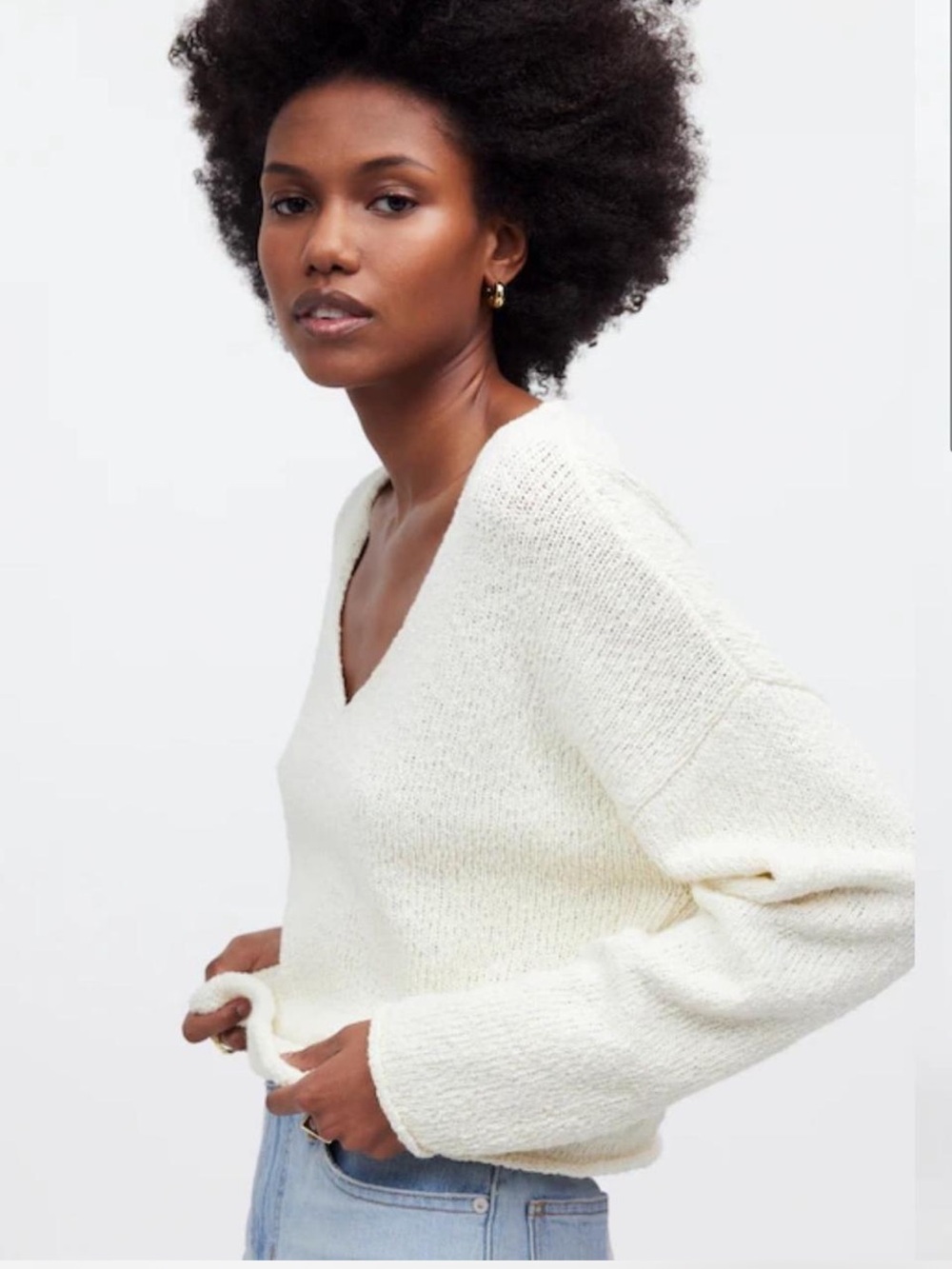 SOLD Madewell Deep-V Boxy Sweater 100% Cotton Bright Ivory Sz XL